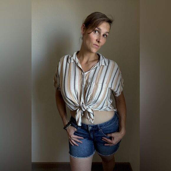 American Eagle Button Down Shirt Stripe Hi Lo Viscose Large - Picture 2 of 11